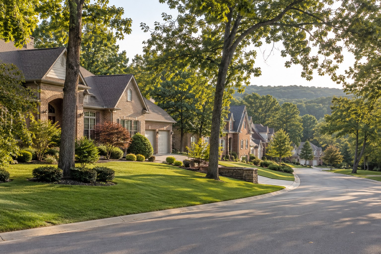 A quiet Fayetteville street of brick homes with mature trees, illustrative