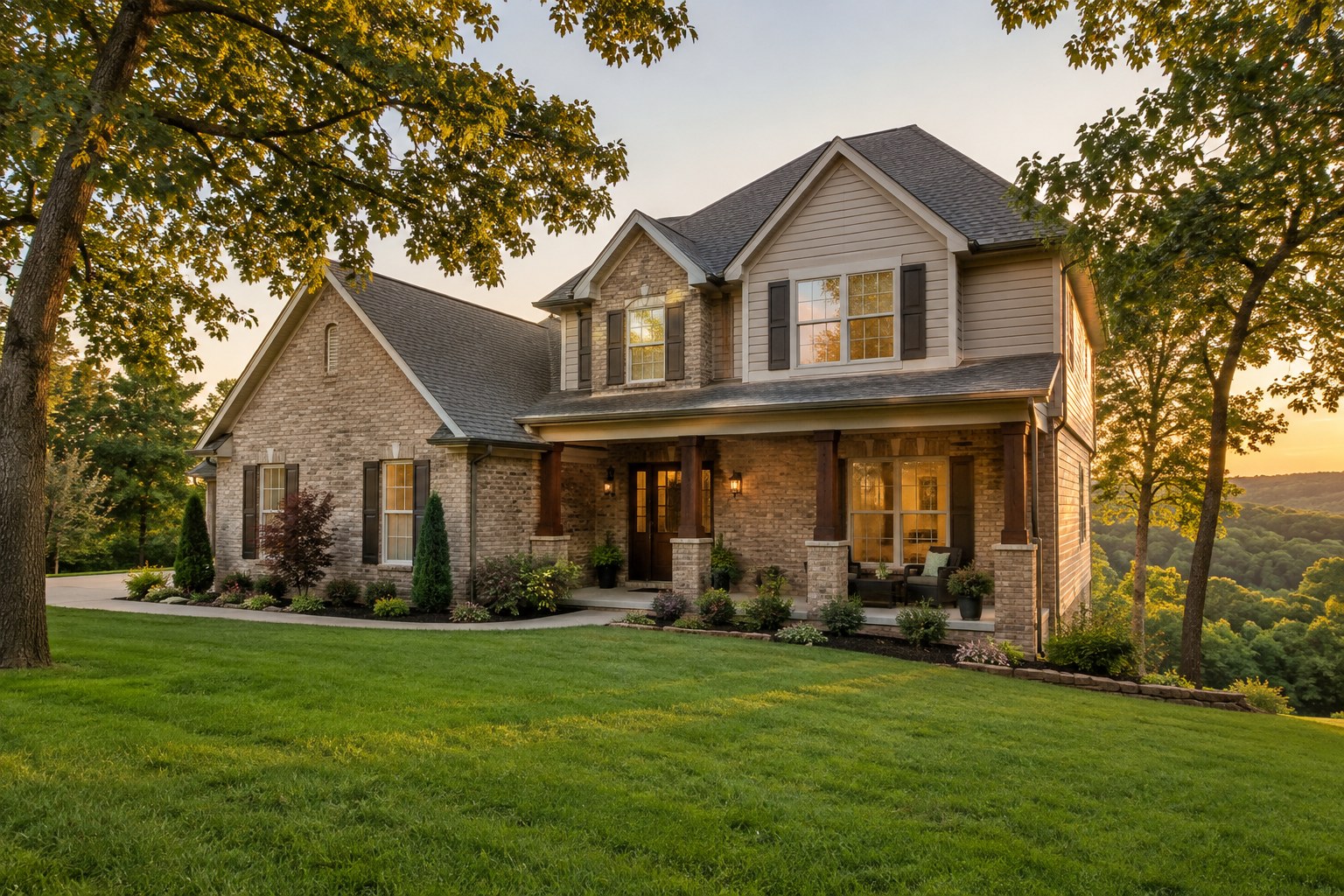A brick home with a covered porch in Northwest Arkansas, illustrative