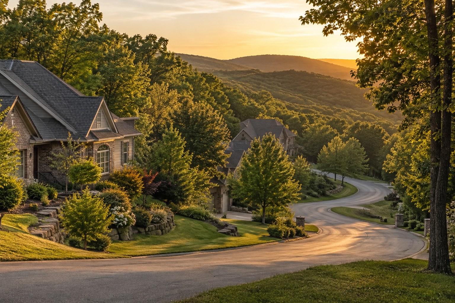 An Arkansas street with mature trees, illustrative