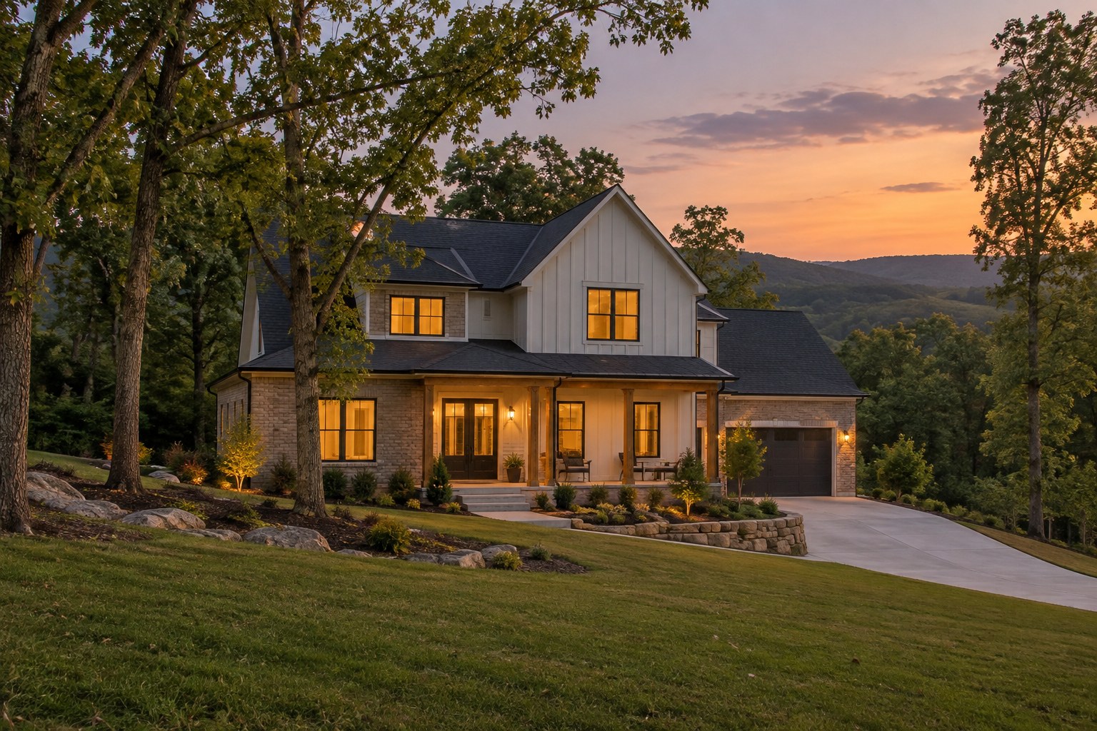 A brick home at dusk, illustrative